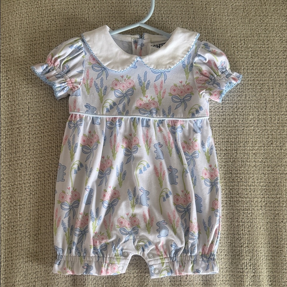 Baby Girl Floral & Bunny One-Piece Romper in White and Pastel